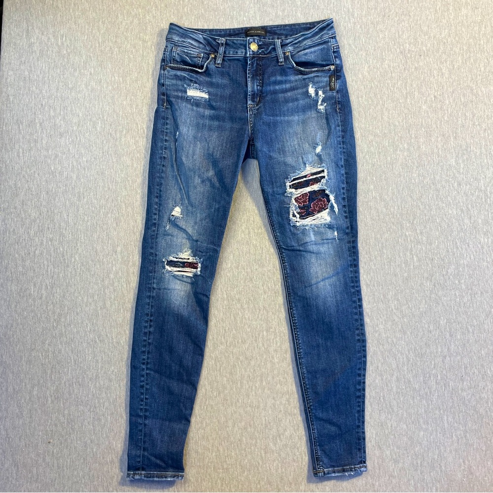 Silver Jeans Women’s Size 30 x 31 Avery Skinny Distressed Floral Embroidery Blue